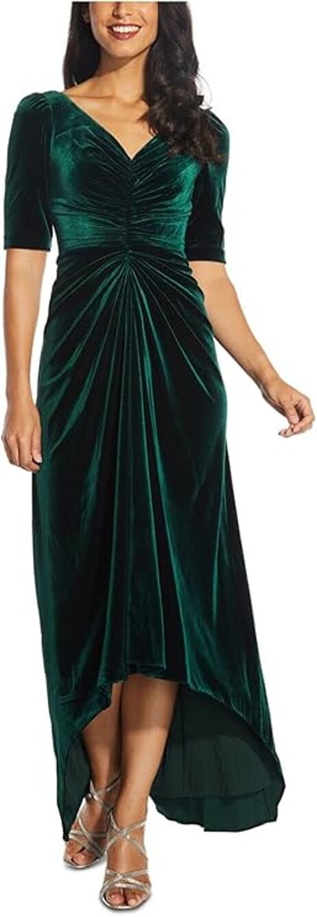 Adrianna Papell Size 14 Emerald Covered Velvet Shirred Half Sleeve Gown OS33-6